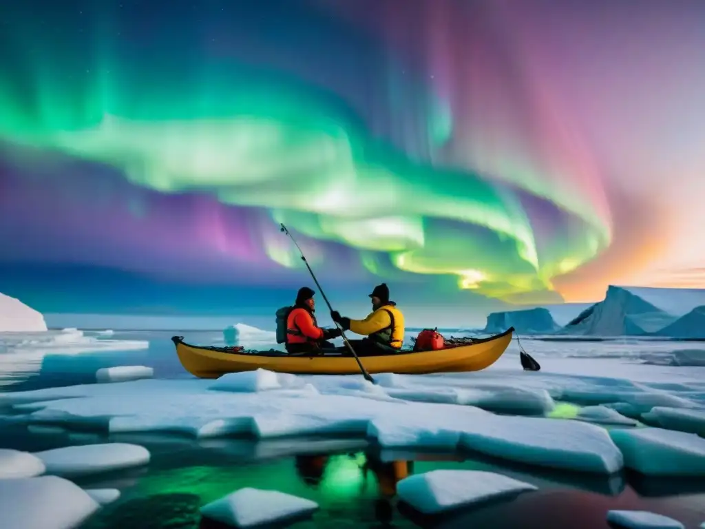 Inuit pescando en kayaks bajo la Aurora Boreal, resaltando la conexión cultural con los Derechos de pesca de los Inuit