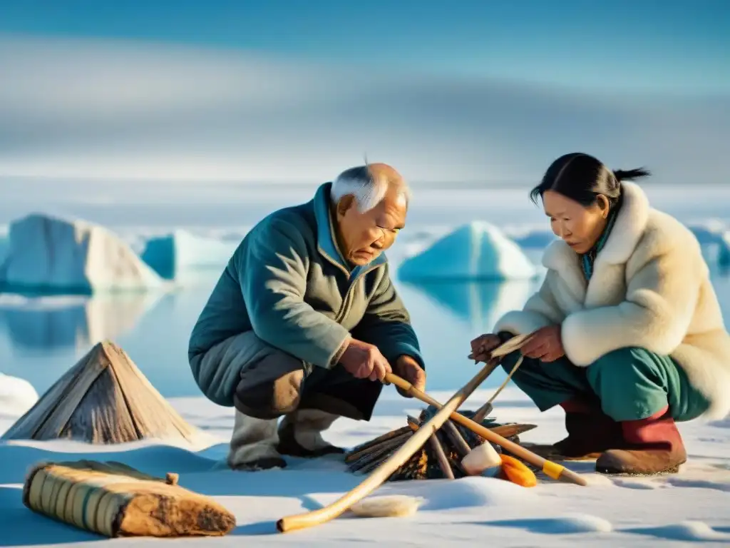 Inuit elders crean herramientas de pesca tradicionales en un paisaje helado