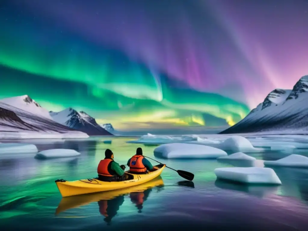 Inuit pescadores en kayaks bajo auroras boreales en un paisaje ártico, reflejando los Derechos de pesca de los Inuit