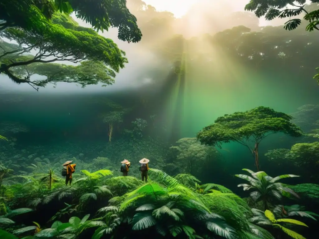Investigadores indígenas recolectando datos en la exuberante selva amazónica, fusionando conocimiento indígena y monitoreo ambiental