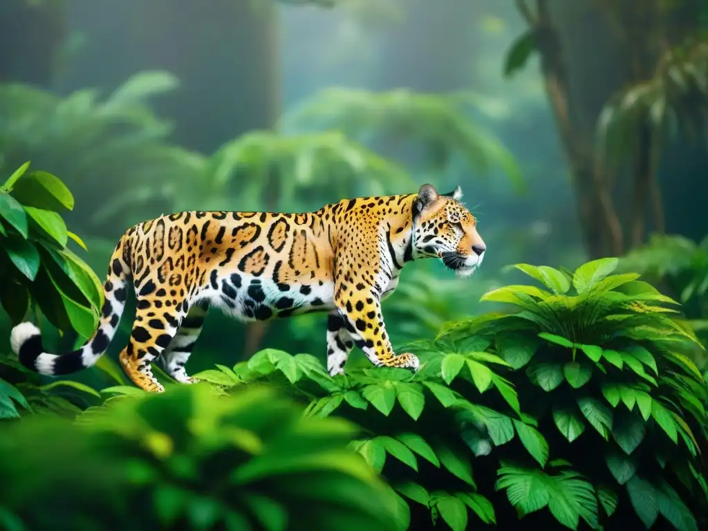 Un jaguar majestuoso en la exuberante selva amazónica, conviviendo respetuosamente con otros animales