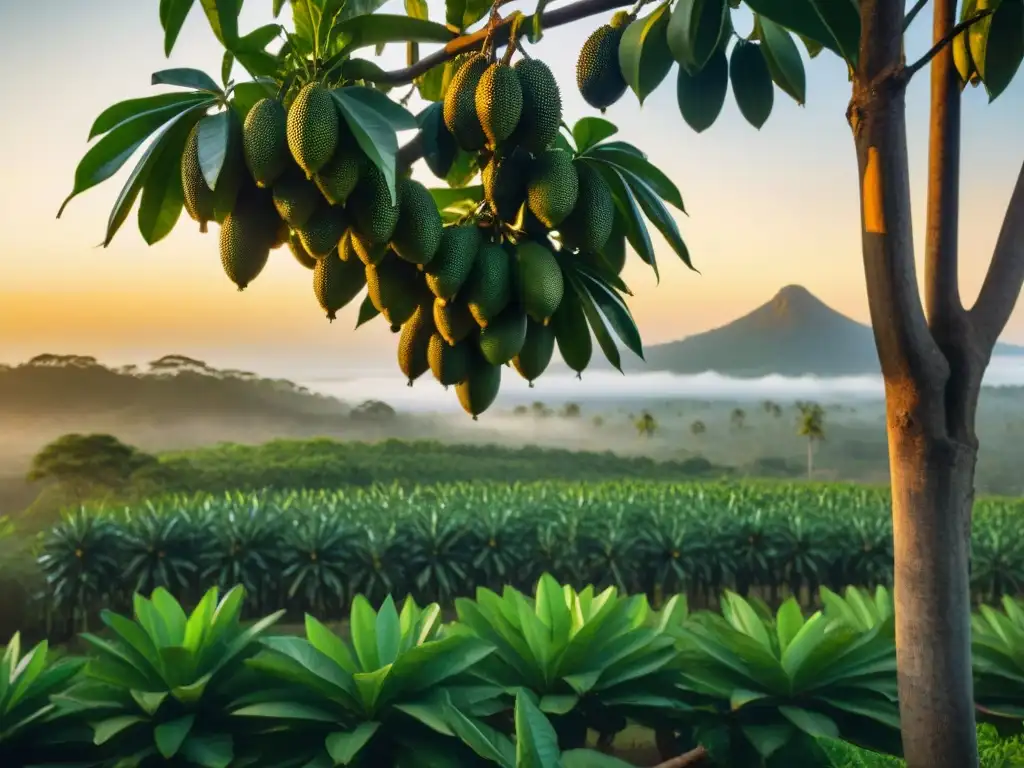 Un jardín de guanábanas al atardecer, resaltando su frondosidad y frutos maduros