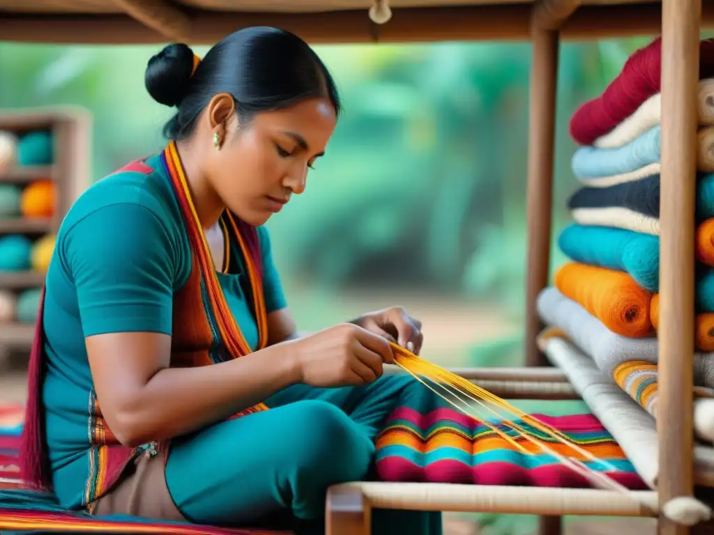 Joven artesano indígena tejiendo con delicadeza en telar tradicional rodeado de hilos de colores