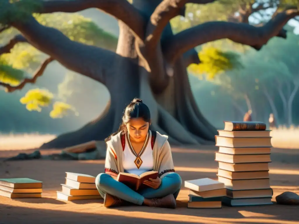 Un joven autor indígena se inspira bajo un árbol ancestral, rodeado de libros de autores indígenas reconocidos