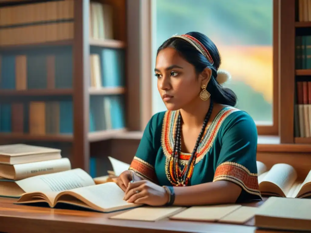 Joven autor indígena concentrado en su escritura en un ambiente culturalmente rico, con libros y arte indígena de fondo