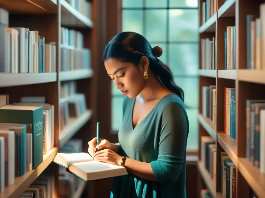 Joven autor indígena inmerso en la escritura rodeado de libros y artefactos, resaltando la literatura indígena contemporánea