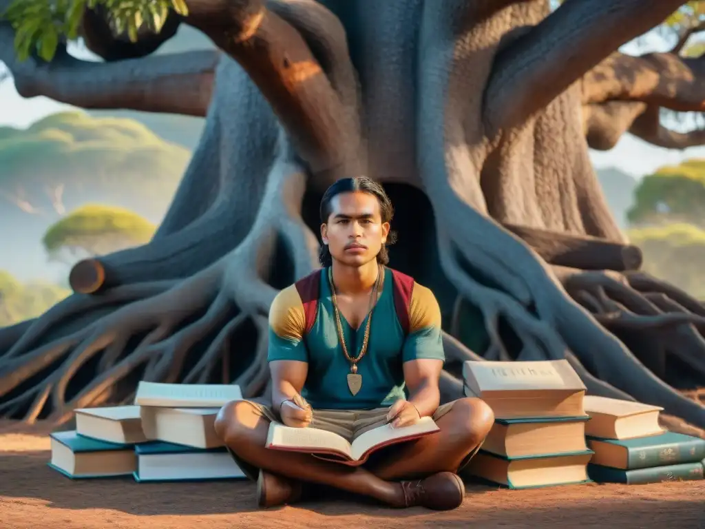 Un joven autor indígena escribiendo con pasión bajo un árbol, rodeado de libros en lenguas indígenas