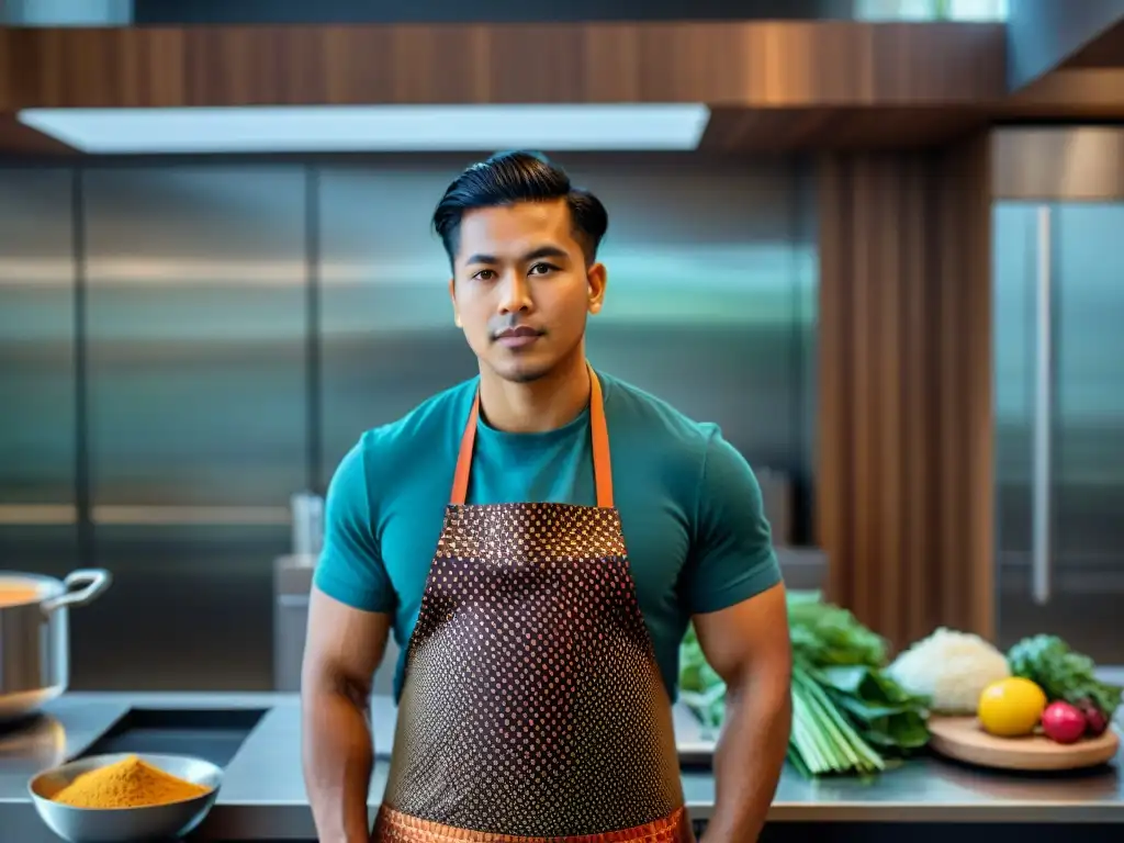 Un joven chef indígena en una cocina moderna fusionando ingredientes ancestrales con un toque contemporáneo