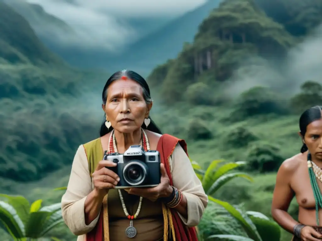 Joven cineasta indígena ajustando cámara rodeada de ancianos en la selva