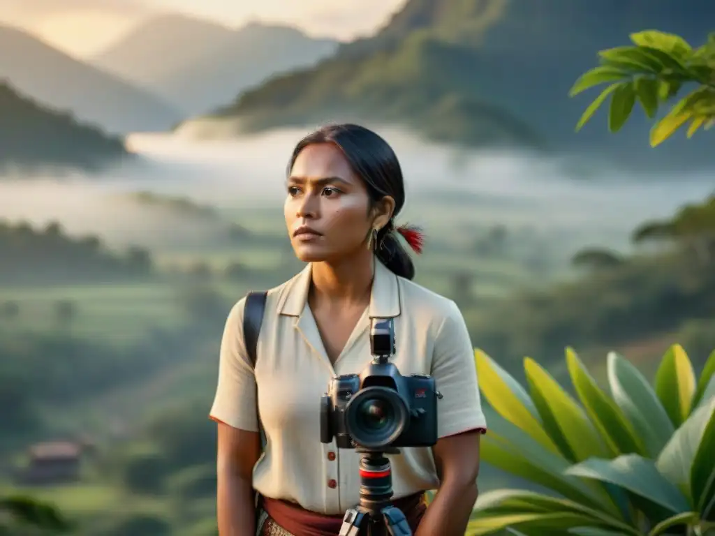 Una joven cineasta indígena ajusta la cámara en una aldea remota, fusionando tecnología y herencia cultural