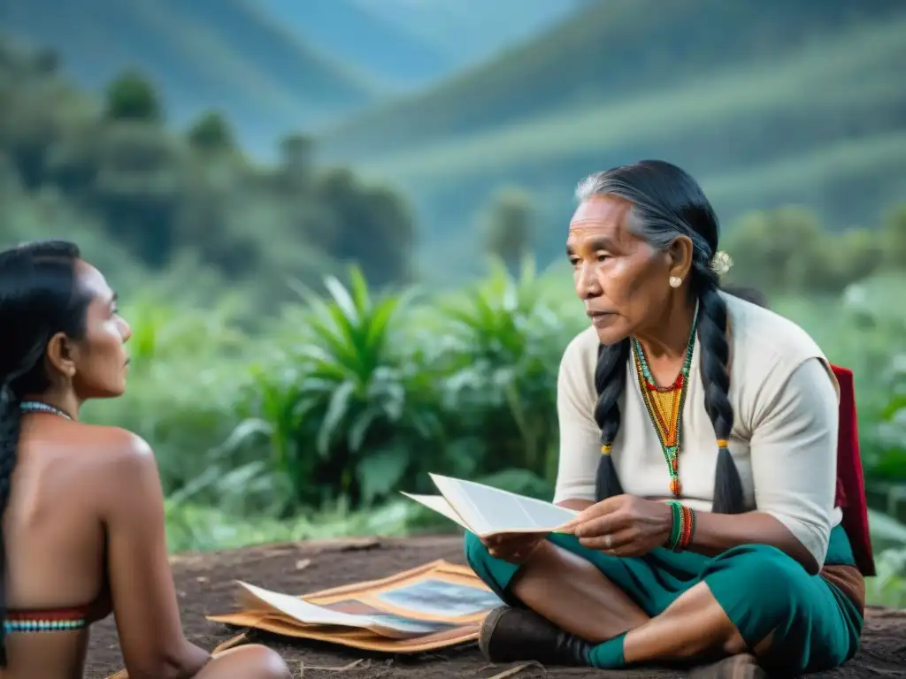 Una joven cineasta indígena con trenzas discute un guion con ancianos nativos en un bosque, fomentando la preservación lingüística en cine indígena