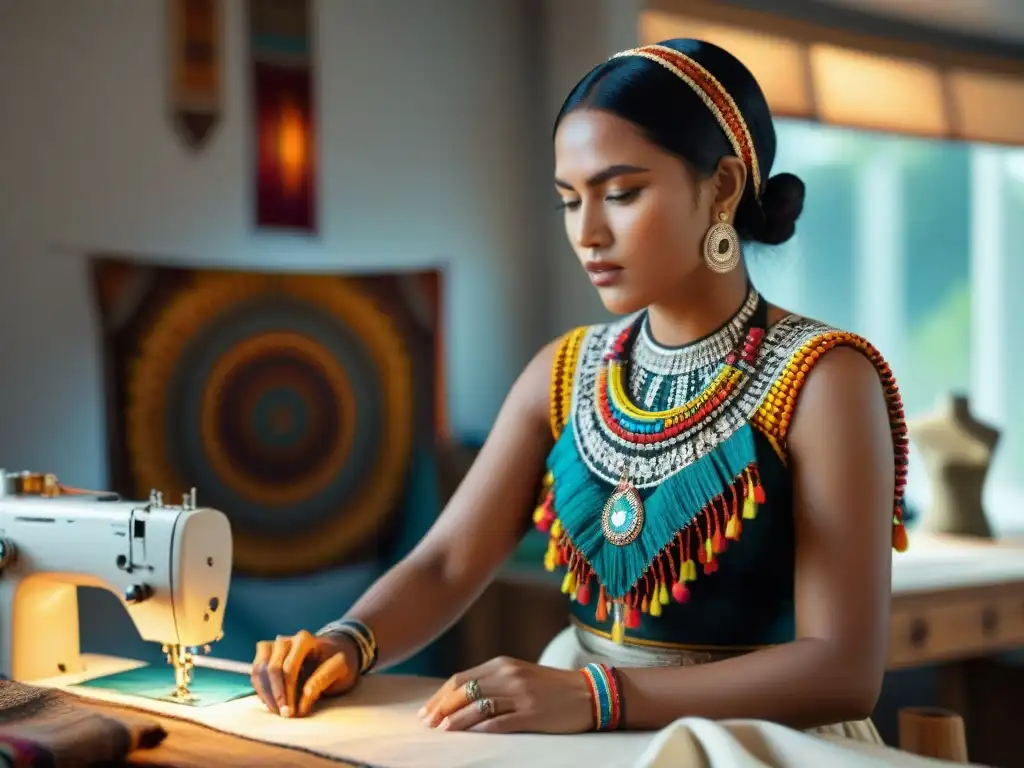 Joven diseñadora indígena creando moda en un estudio soleado con textiles coloridos y bocetos