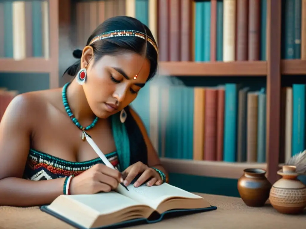 Joven escritor indígena inmerso en su poesía, rodeado de libros y artefactos tradicionales, representando la literatura indígena contemporánea América