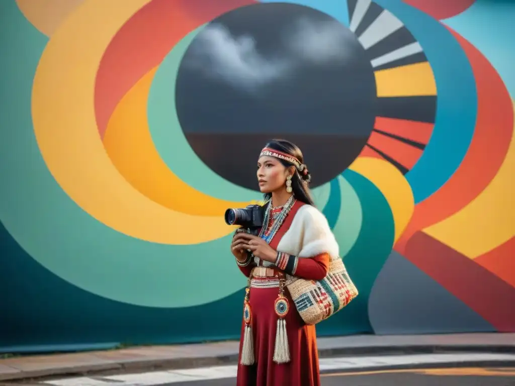 Un joven fotógrafo indígena capturando arte indígena contemporáneo en un mural vibrante