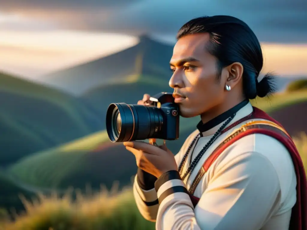 Un joven fotógrafo indígena, fusionando tradición y tecnología con su cámara moderna, en un paisaje de colinas al atardecer