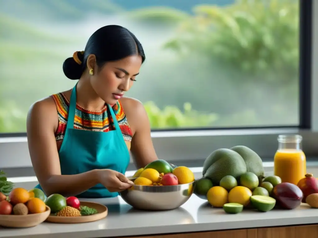 Una joven indígena preparando alimentos saludables en una cocina moderna, fusionando dietas indígenas con la vida contemporánea