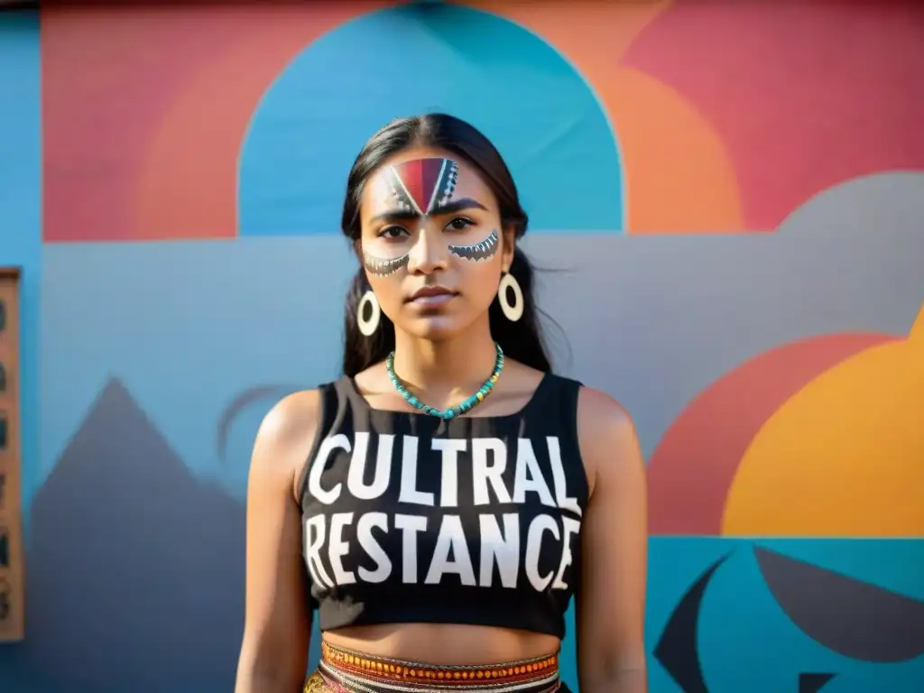 Una joven indígena con atuendo tradicional frente a mural de resistencia cultural, rodeada de activismo jóvenes indígenas derechos