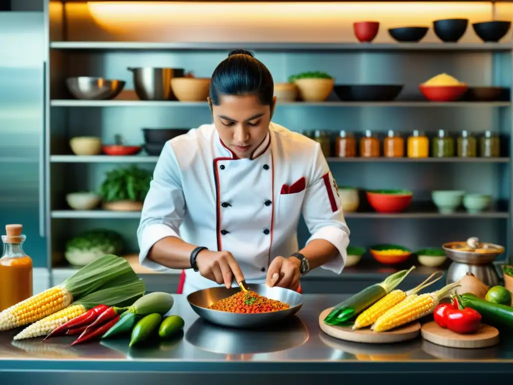 Joven chef indígena preparando cocina contemporánea con ingredientes tradicionales en cocina moderna