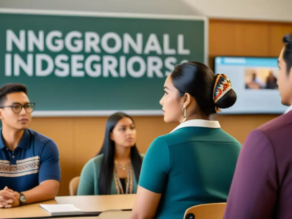 Una joven indígena lidera una discusión en un aula multicultural con carteles sobre derechos indígenas