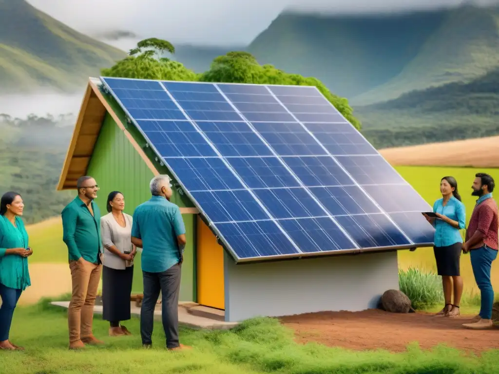 Una joven indígena explica energía renovable a expertos, en instalación solar