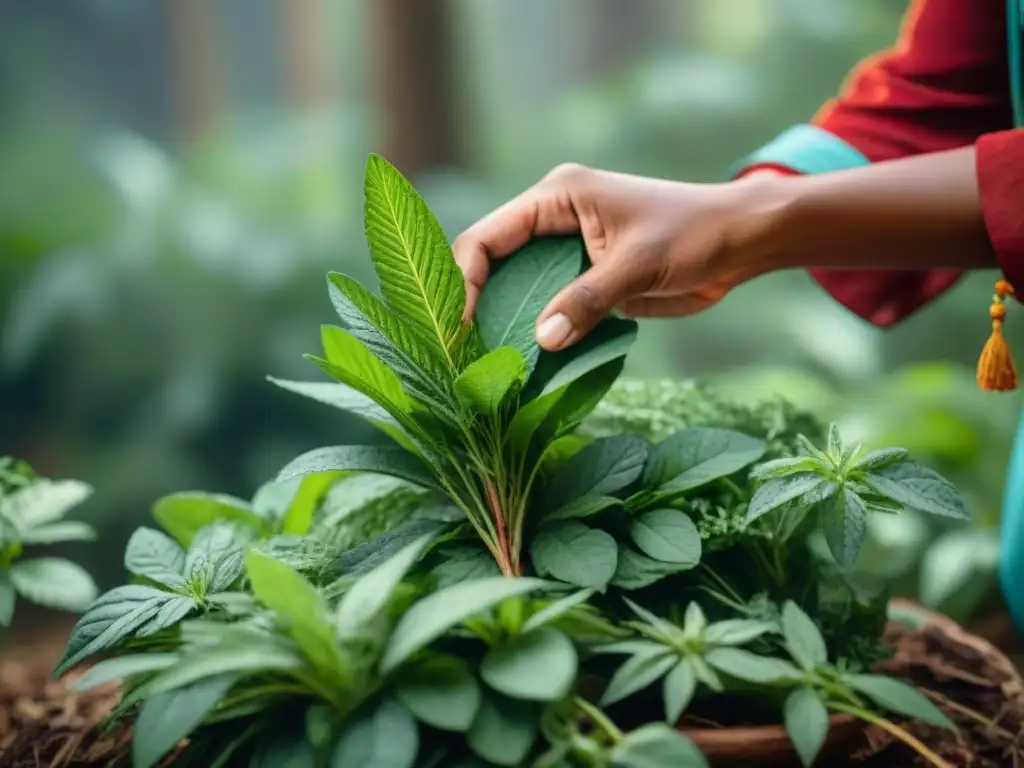 Un joven indígena selecciona hierbas frescas en la selva, conectando con la naturaleza