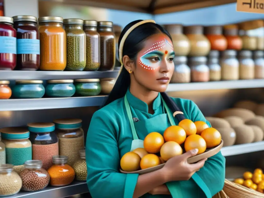 Joven indígena seleccionando ingredientes en mercado tradicional