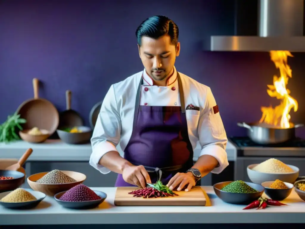 Un joven chef indígena prepara un innovador platillo en cocina contemporánea, con ingredientes tradicionales