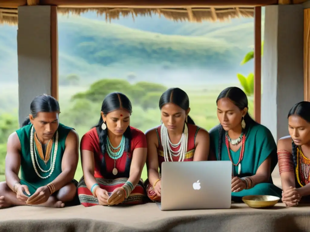 Una joven indígena escribe en la laptop rodeada de ancianos, planificando un financiamiento colectivo para proyectos indígenas