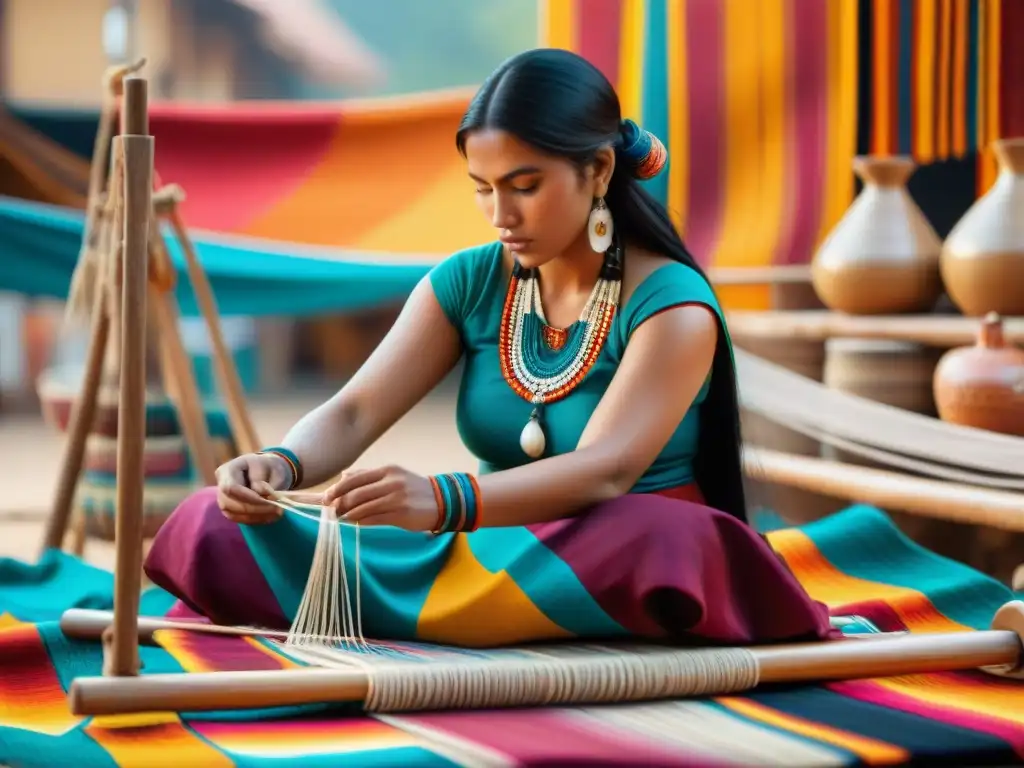 Una joven indígena tejiendo en un mercado colorido, reflejando la rica tradición y artesanía de las culturas indígenas