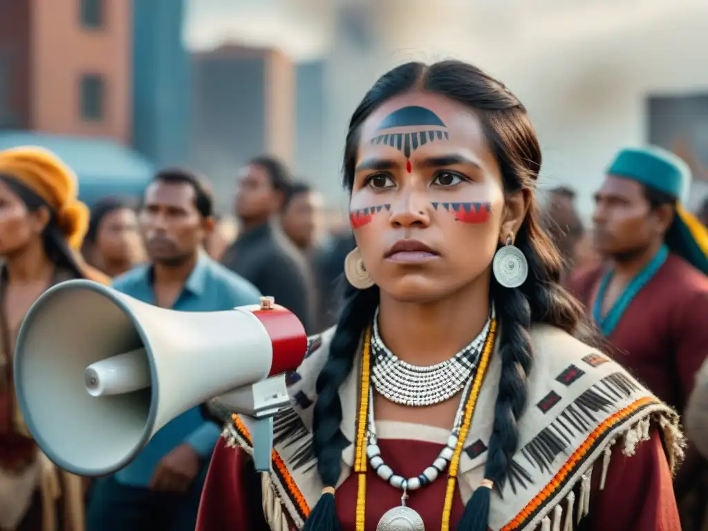 Una joven indígena con determinación en los ojos lidera una protesta contra el desarrollo urbano en la tierra de su comunidad