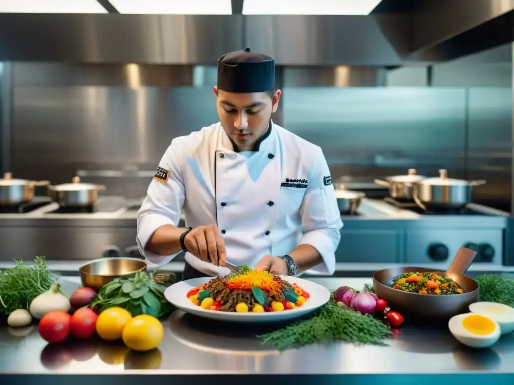 Un joven chef indígena elabora plato colorido en cocina moderna