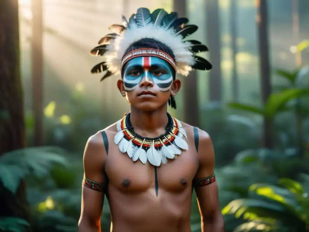 Joven indígena en ritual de transición masculina en tribu, rodeado de ancianos en la selva