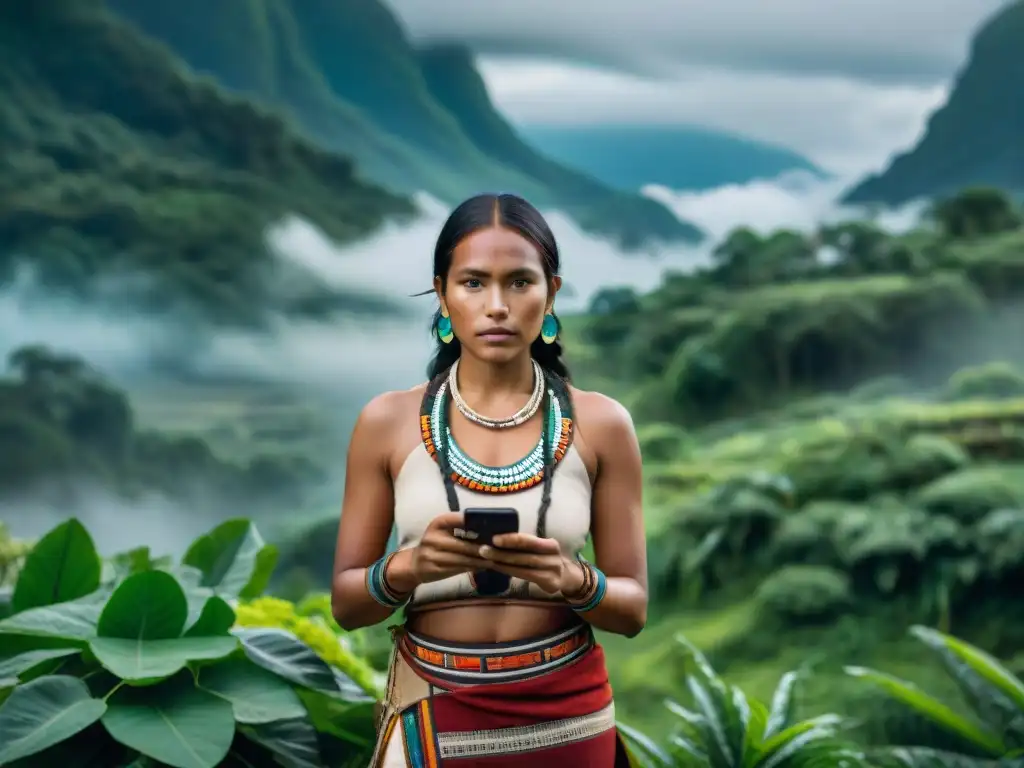 Joven indígena con smartphone en la selva, fusionando tradición y tecnología para la difusión de culturas indígenas