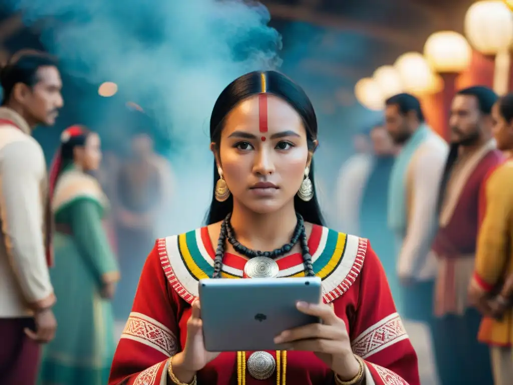 Una joven indígena con tablet en intercambio cultural virtual, fusionando tecnología y tradición