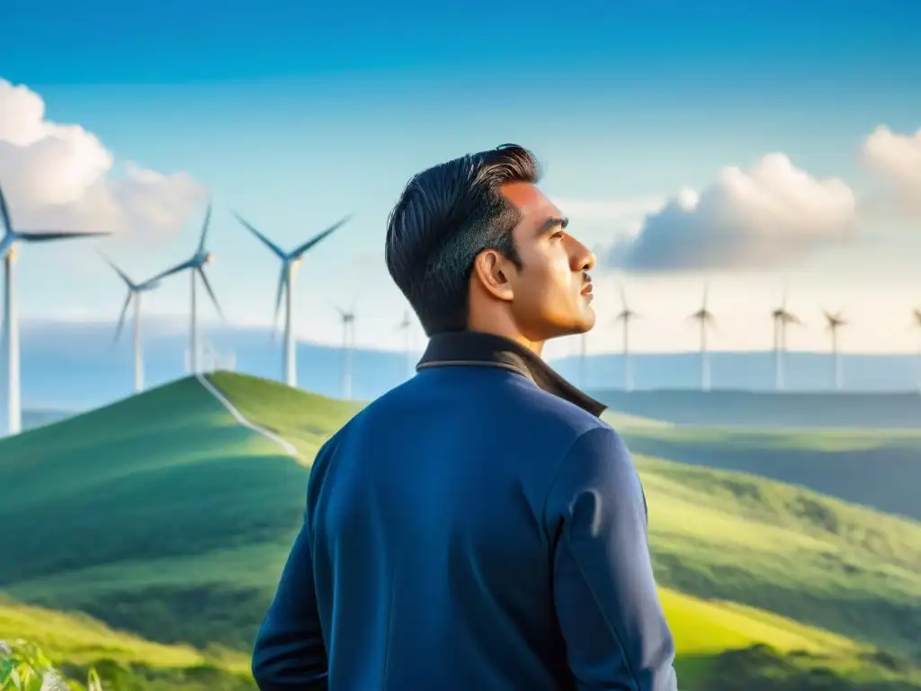 Un joven líder indígena en la cima de una montaña verde, mirando hacia un horizonte lleno de energías renovables, simbolizando la fusión de sabiduría tradicional y prácticas sostenibles modernas