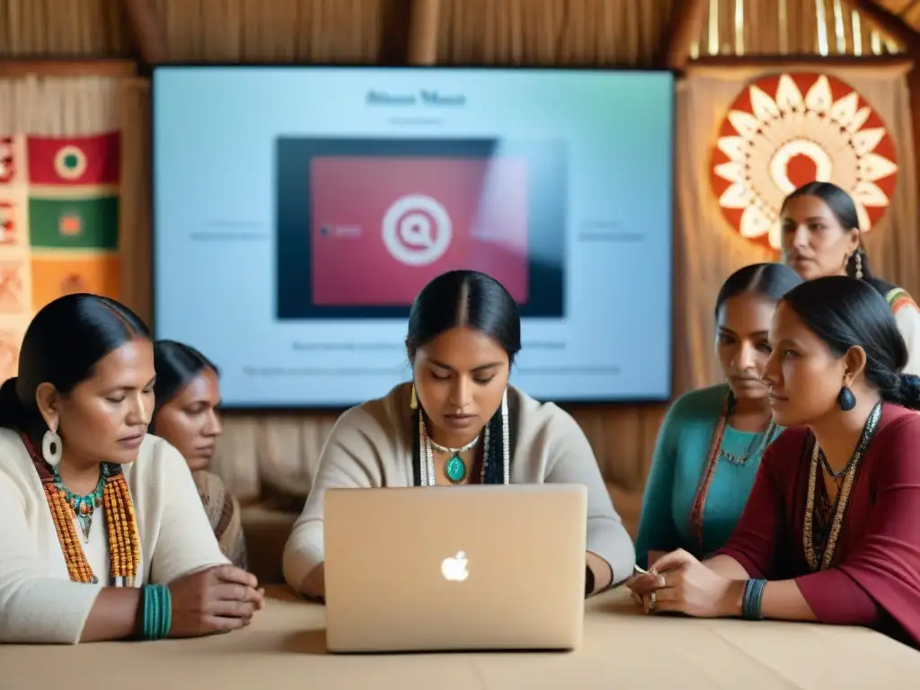 Una joven líder indígena empodera a su comunidad en un taller digital en el centro comunitario, con redes sociales de por medio