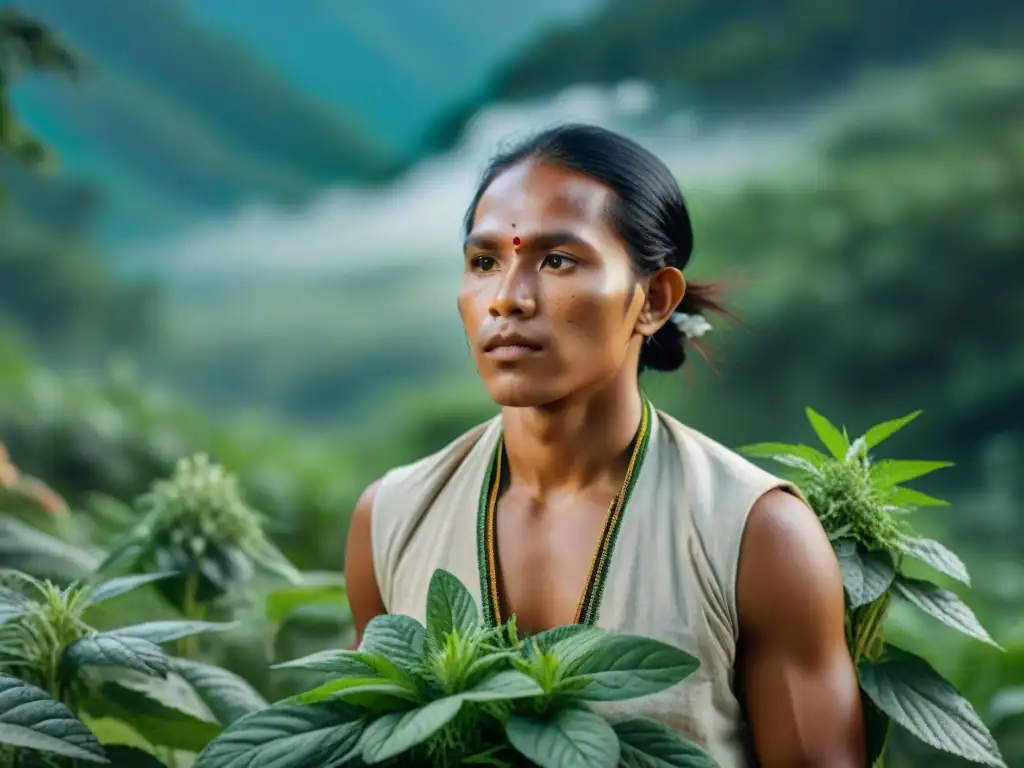 Joven líder indígena cosechando hierbas medicinales en bosque, simbolizando revitalización medicina herbal jóvenes indígenas