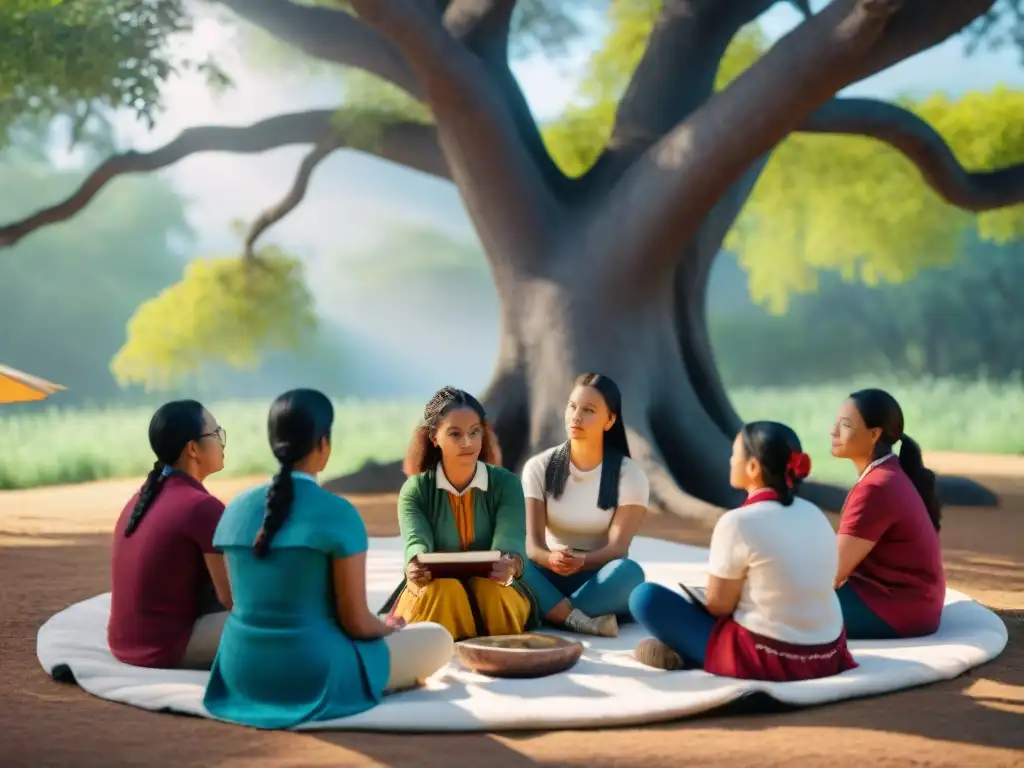 Joven maestro indígena enseña derechos indígenas innovadores a estudiantes diversos al aire libre bajo un árbol