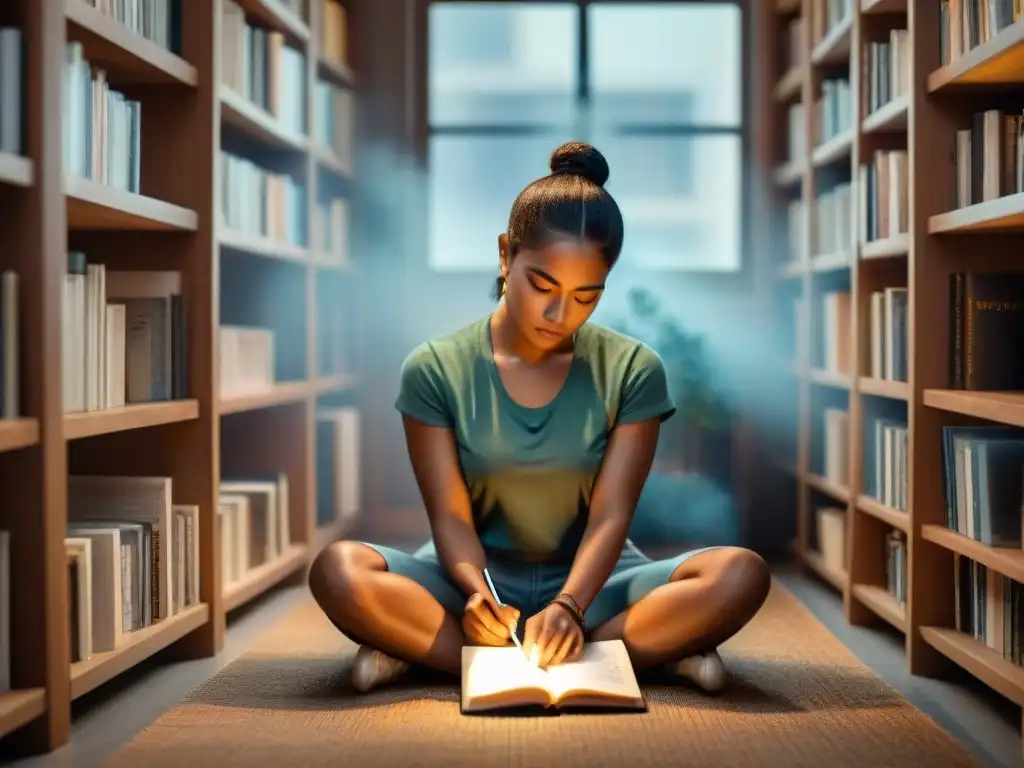 Una joven mujer indígena concentrada en su cuaderno rodeada de libros y herramientas de escritura, simbolizando el poder del conocimiento