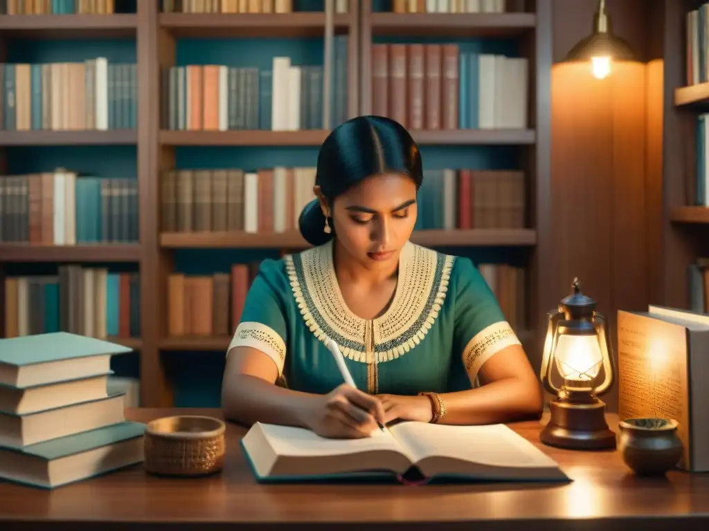 Una joven mujer indígena concentradamente escribe en su cuaderno, rodeada de libros y papeles, iluminada por una lámpara cálida