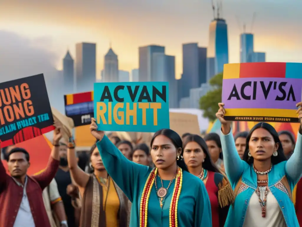 Jóvenes activistas indígenas con pancartas coloridas frente a la ciudad, luchando por sus derechos