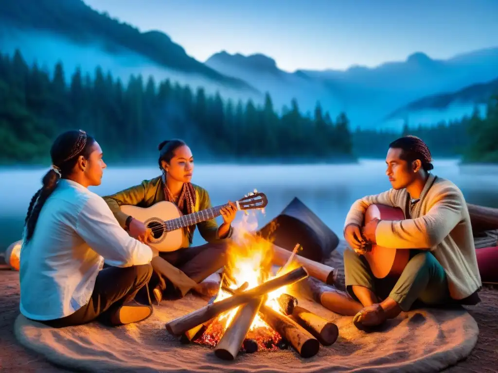 Jóvenes artistas indígenas fusionan música tradicional y contemporánea alrededor de fogata bajo cielo estrellado en bosque