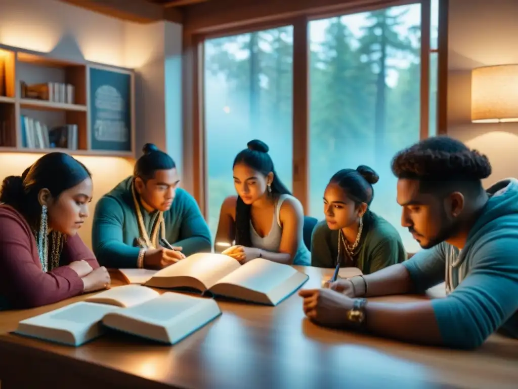 Jóvenes autores indígenas reconocidos compartiendo historias y saberes en una sala acogedora llena de libros