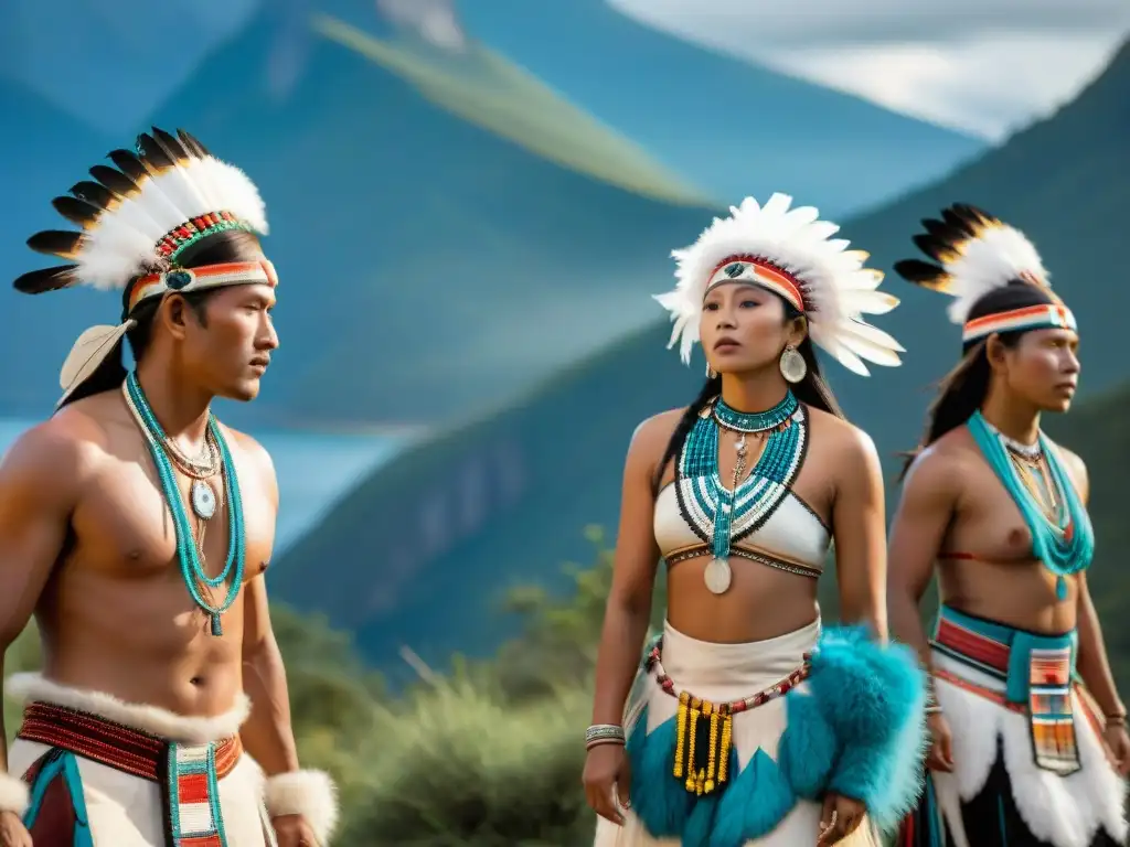 Jóvenes bailarines indígenas con plumas y bordados en una danza ritual en ceremonias de iniciación, transmitiendo gracia y tradición en las montañas