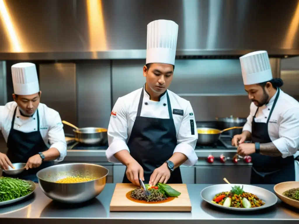 Jóvenes chefs indígenas preparando platos tradicionales con un toque contemporáneo en una cocina moderna y llena de ingredientes locales vibrantes