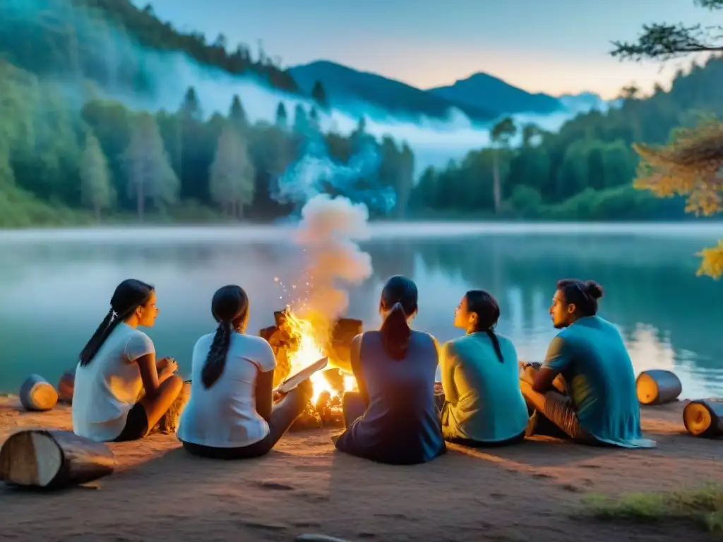 Jóvenes escritores indígenas contemporáneos compartiendo historias alrededor de la fogata en el bosque estrellado