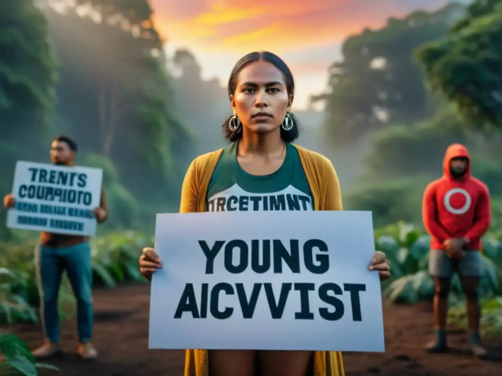 Jóvenes indígenas activismo ambiental sosteniendo pancartas en el bosque ancestral al atardecer