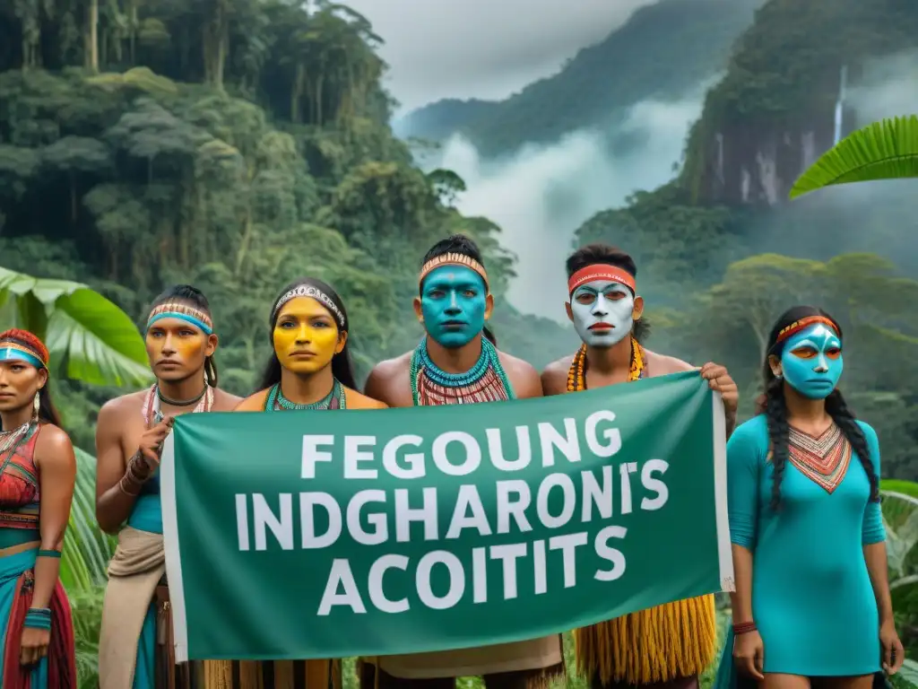 Jóvenes indígenas activismo ambiental, unidos por la protección de la selva, con pancartas pintadas a mano y vestimenta tradicional vibrante