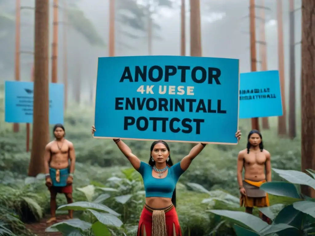 Jóvenes indígenas luchan por la preservación ambiental en un bosque exuberante, con pancartas hechas a mano y expresiones determinadas