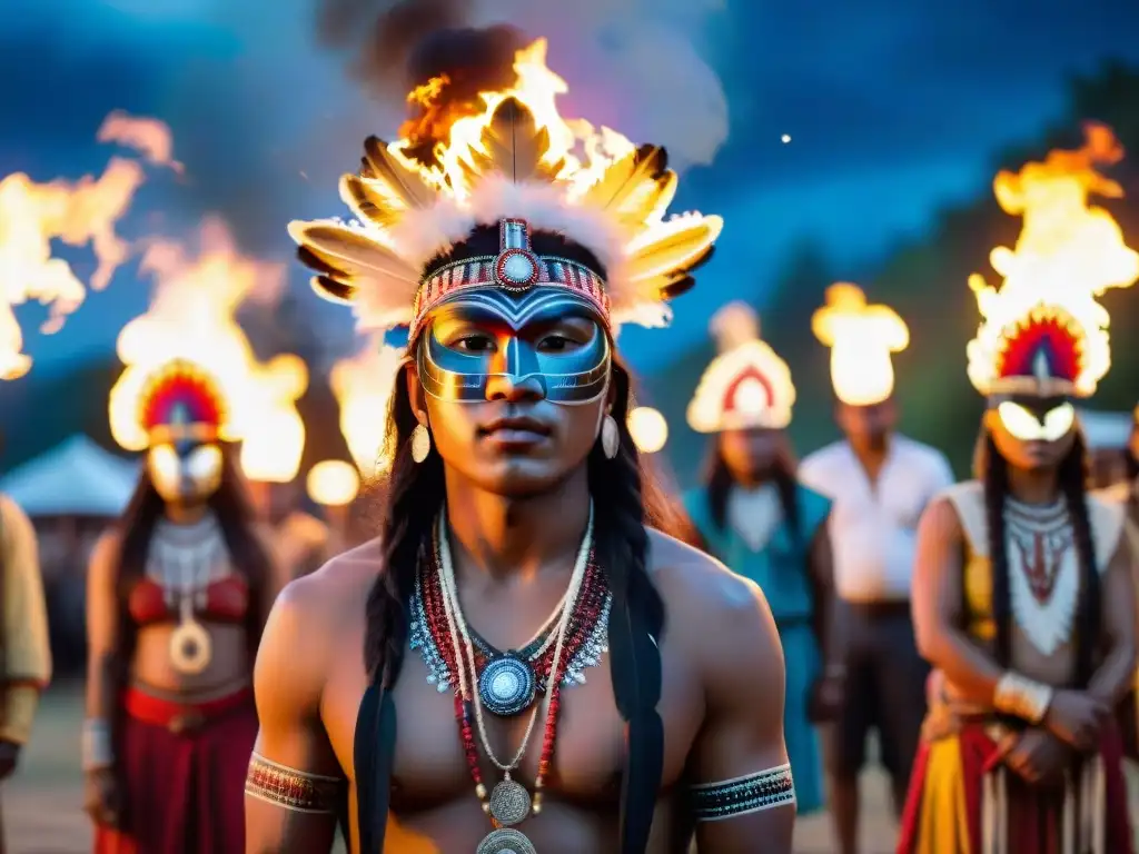 Jóvenes indígenas en ceremonia alrededor de fogata, con máscaras y trajes tradicionales